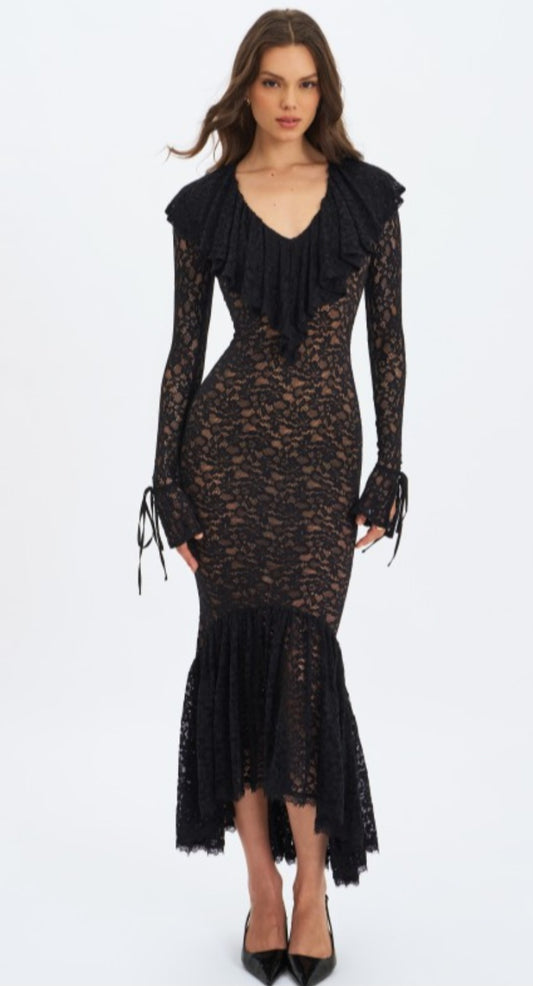 MISS CIRCLE PARISA LACE RUFFLE MERMAID MAXI DRESS