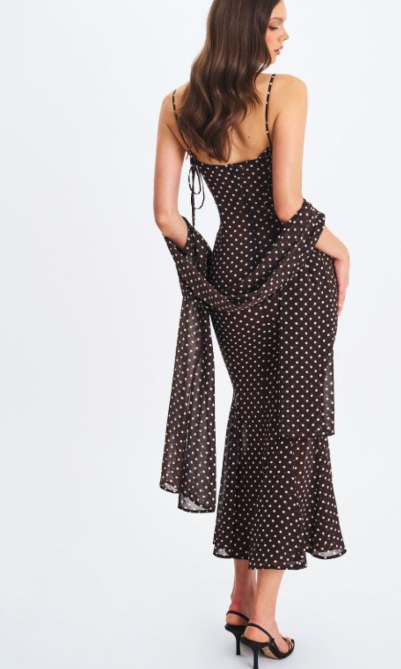 MISS CIRCLE YADIRA POLKA DOT CHIFFON MIDI DRESS