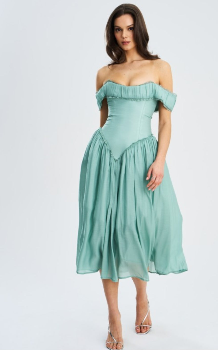 MISS CIRCLE OFF THE SHOULDER CORSET MIDI DRESS