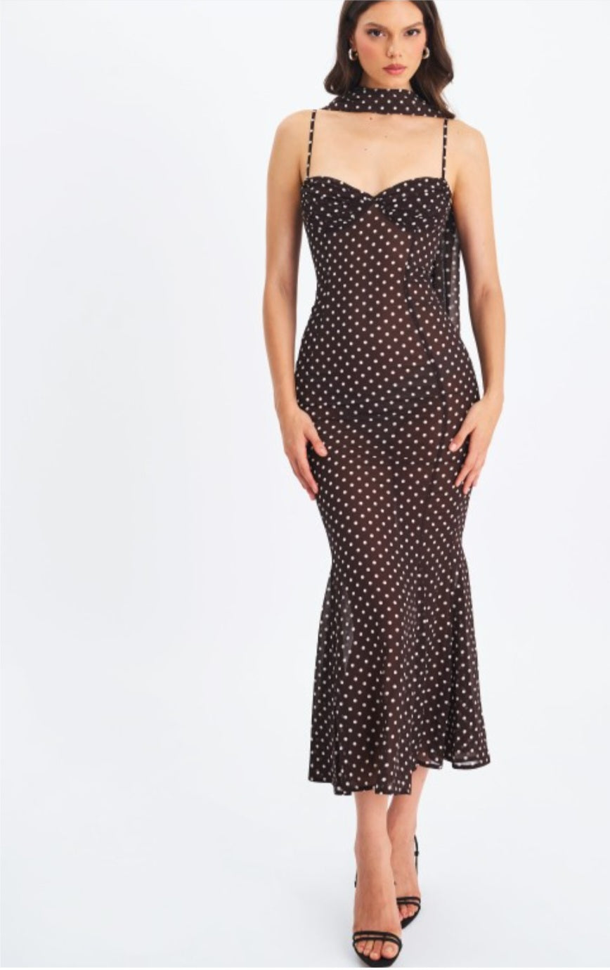 MISS CIRCLE YADIRA POLKA DOT CHIFFON MIDI DRESS