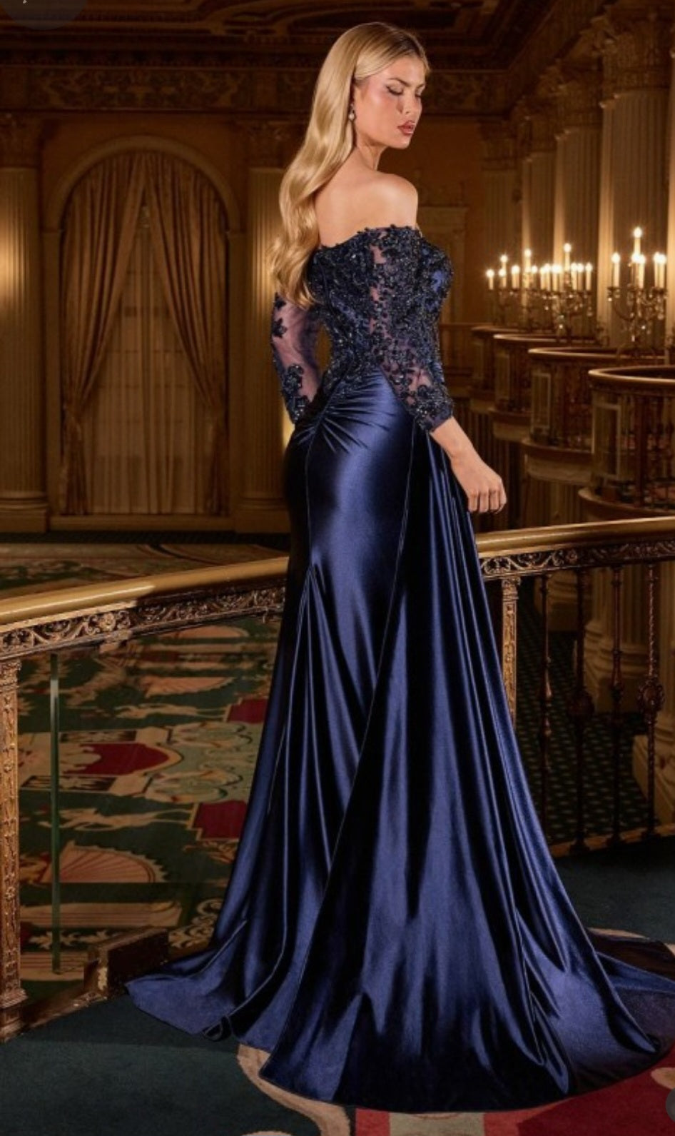 OFF THE SHOULDER LONG SLEEVE LACE AND SATIN GOWN