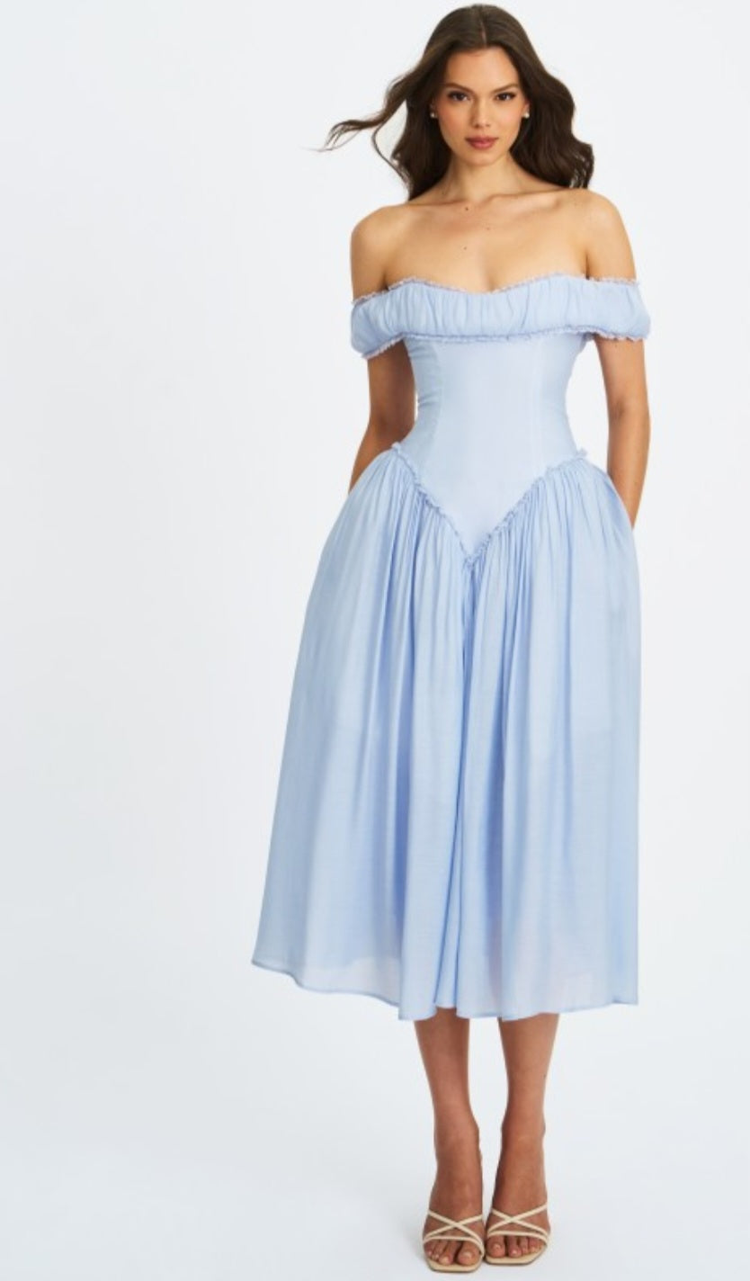 MISS CIRCLE OFF THE SHOULDER CORSET MIDI DRESS