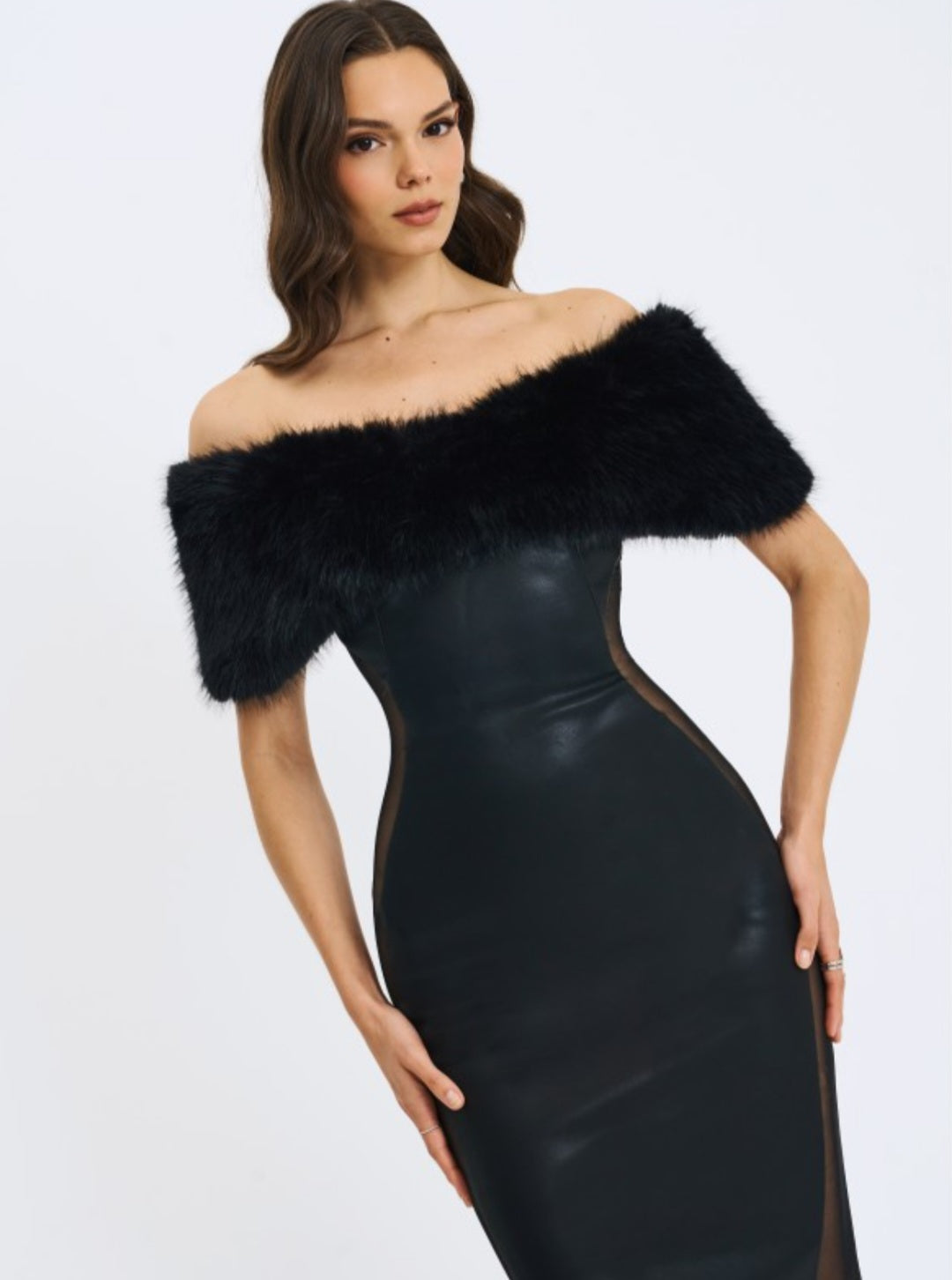 MISS CIRCLE BELLIS FUR TRIMMED MESH OFF THE SHOULDER MIDI DRESS