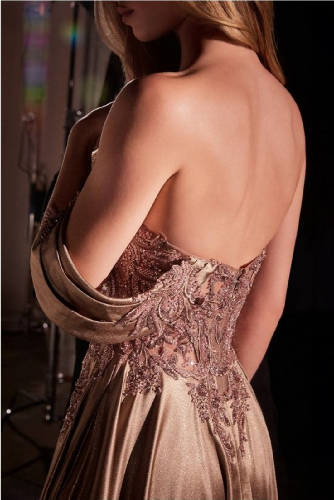 OFF THE SHOULDER LACE AND SATIN A LINE GOWN