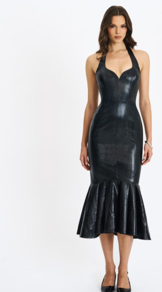 MISS CIRCLE GARDENIA LEATHER MIDI HALTER DRESS
