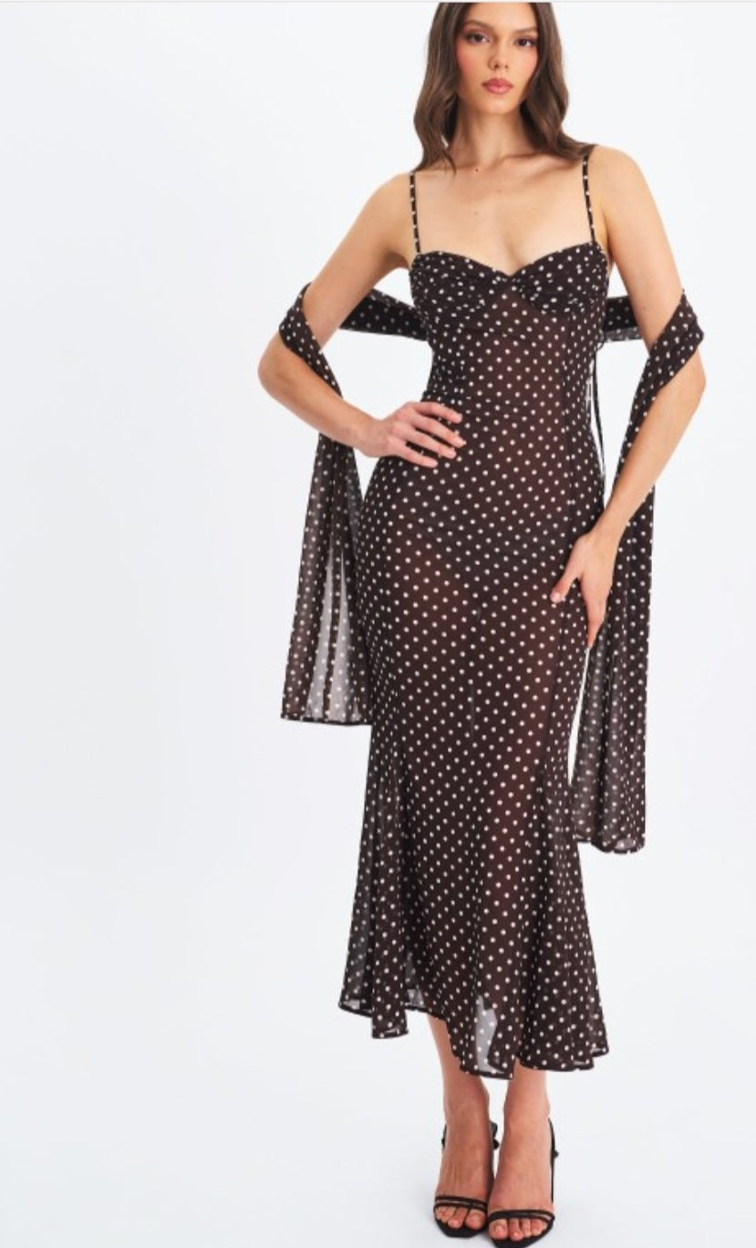 MISS CIRCLE YADIRA POLKA DOT CHIFFON MIDI DRESS