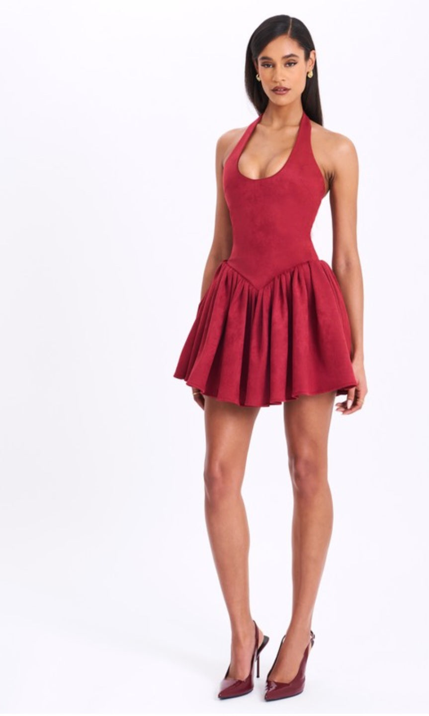 MISS CIRCLE HADARA SUEDE HALTER MINI DRESS