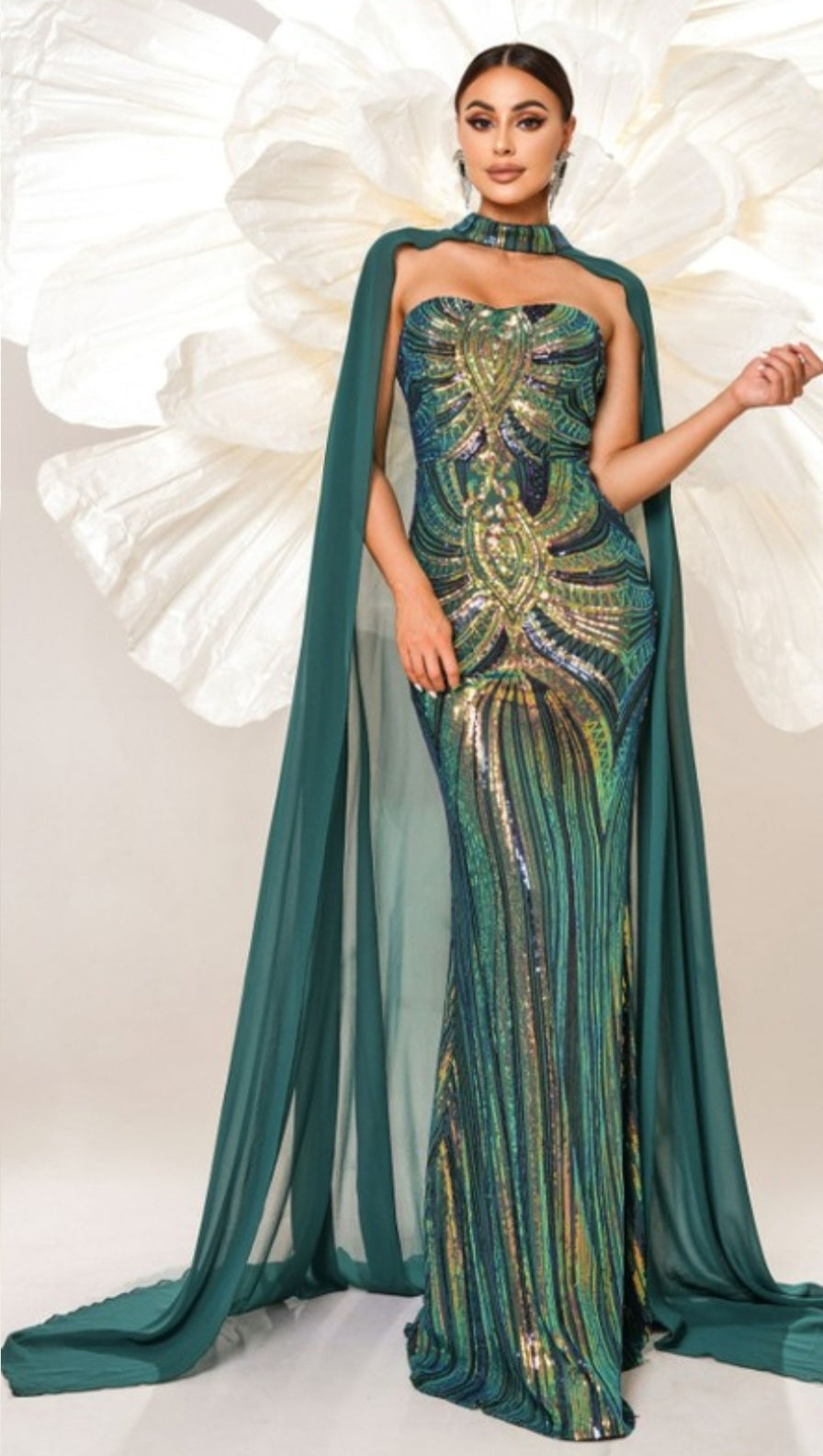 STRAPLESS SEQUIN CAPE MERMAID GOWN