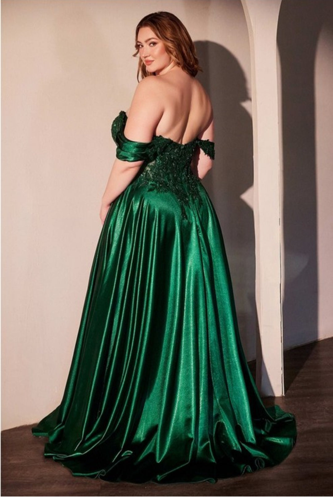 OFF THE SHOULDER LACE AND SATIN A LINE GOWN