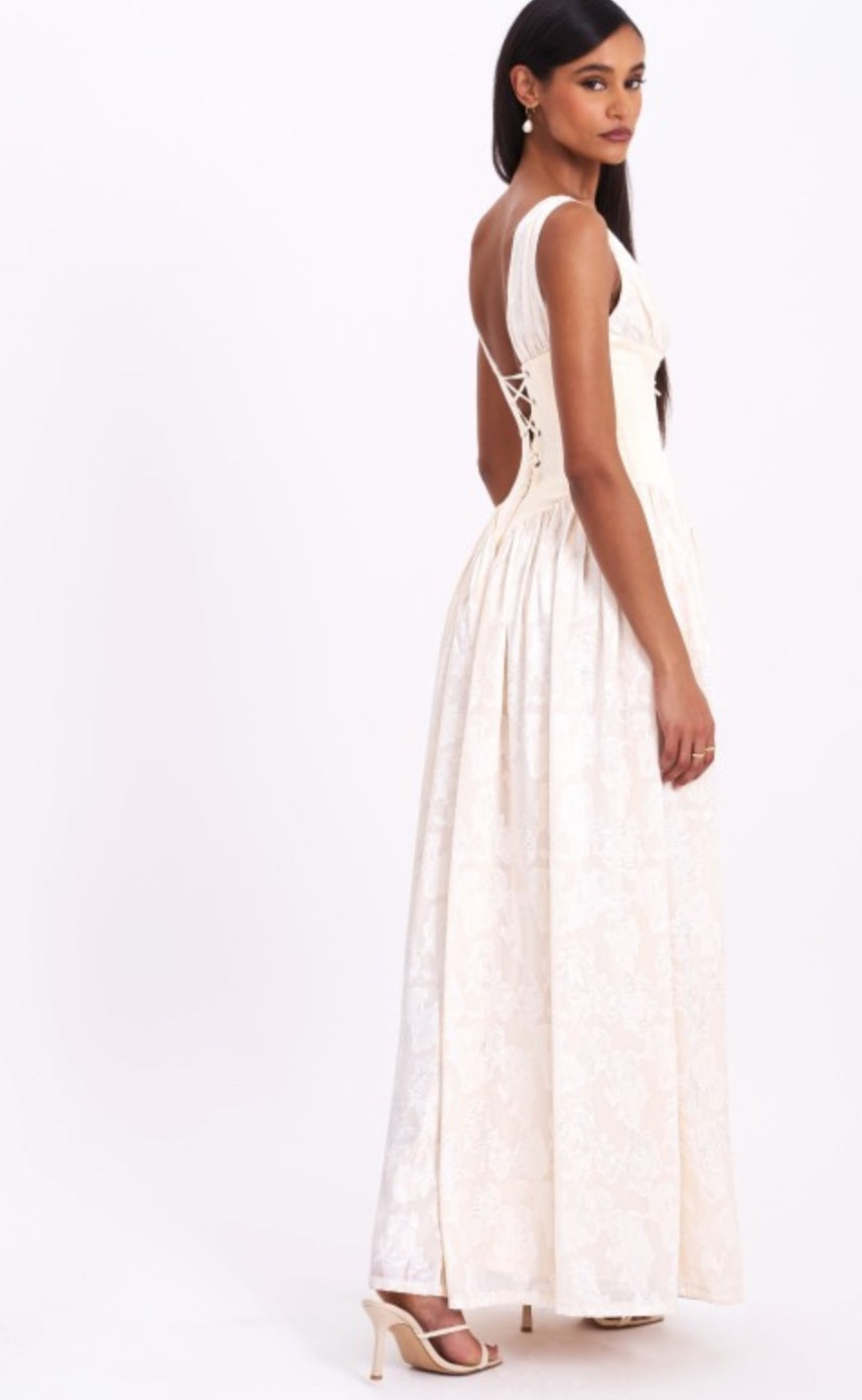 MISS CIRCLE SABRINA JACQUARD HIGH SLIT MAXI DRESS