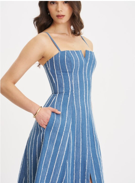 MISS CIRCLE ABYGAIL STRIPED COTTON DENIM MAXI DRESS