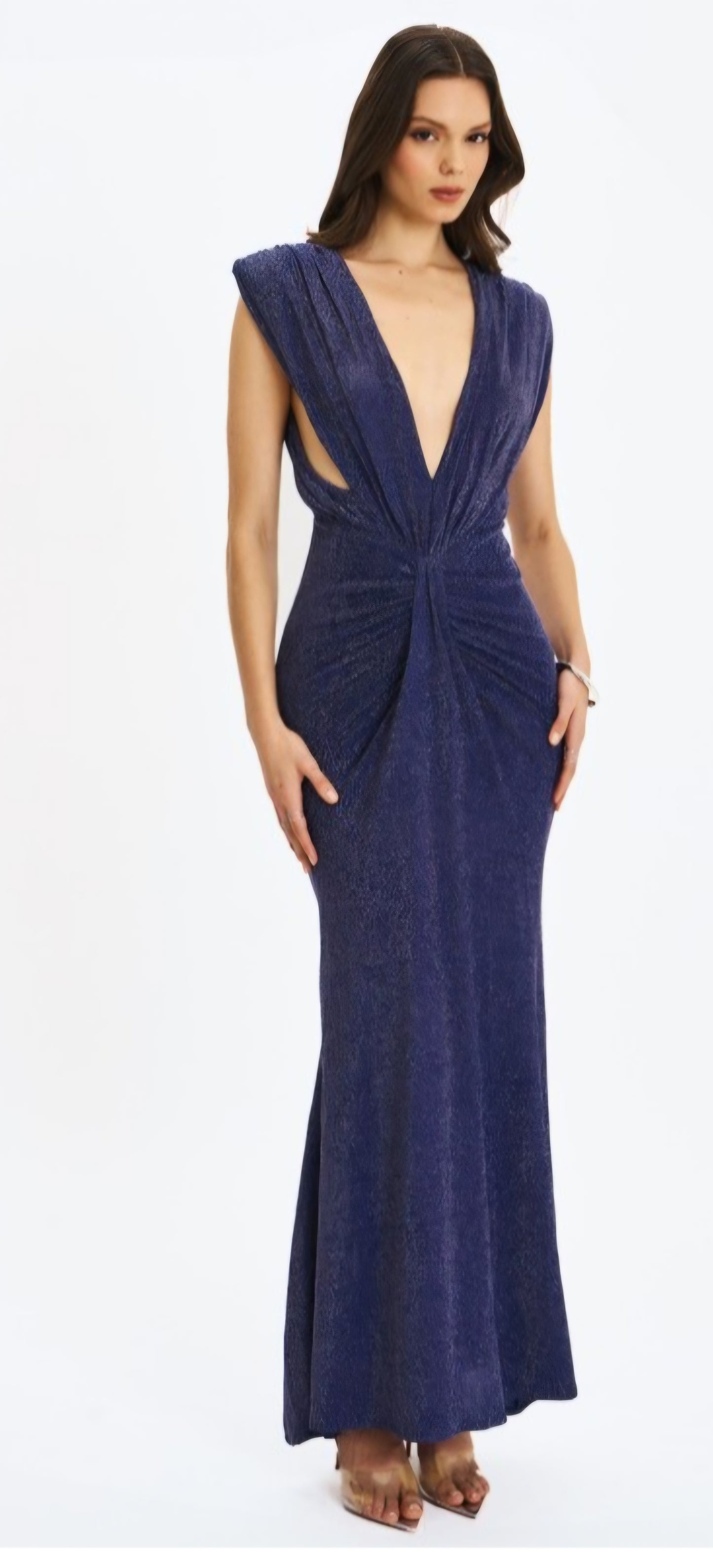 MISS CIRCLE TERI PLUNGING BACKLESS SPARKLE MAXI DRESS