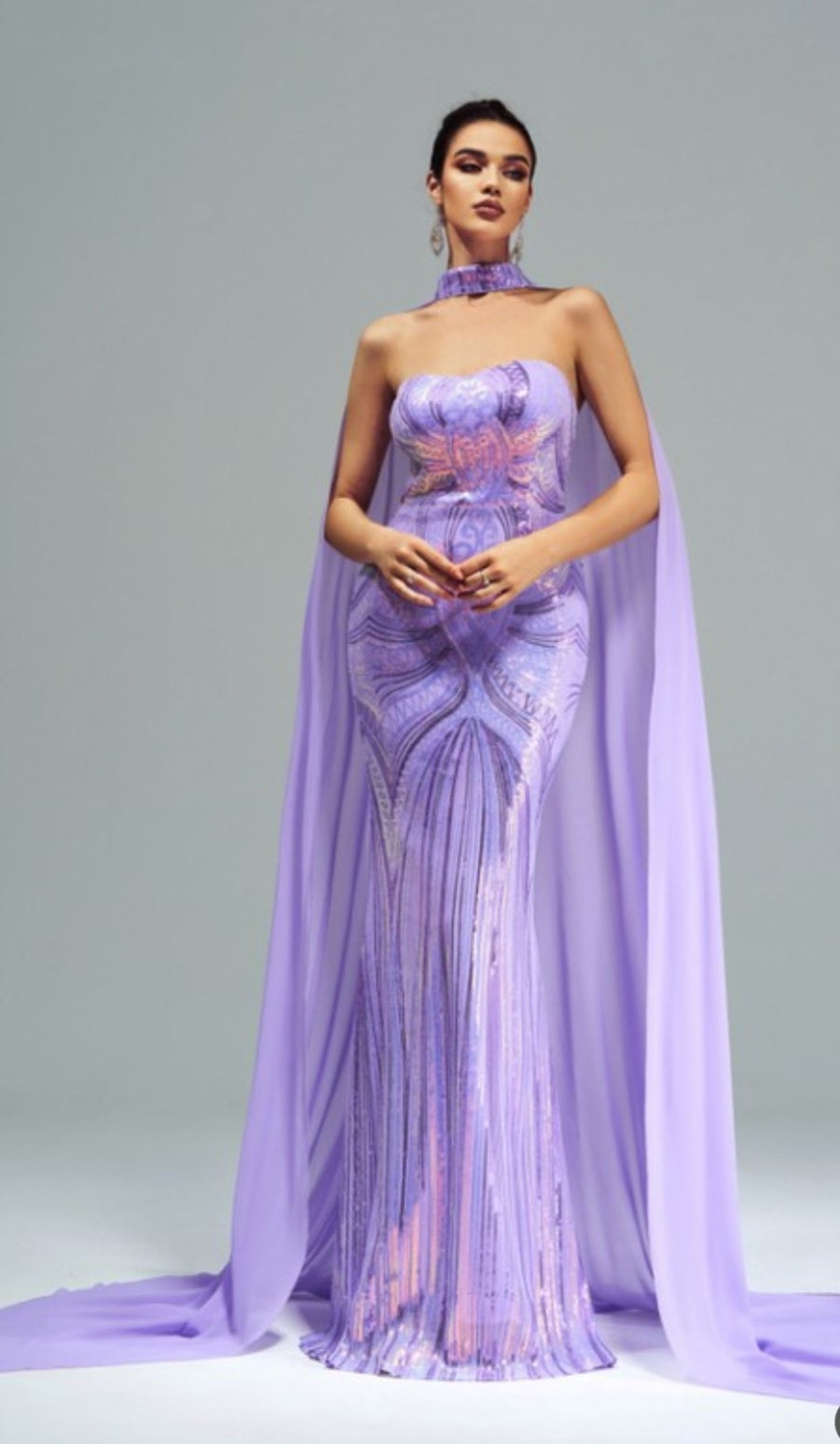 STRAPLESS SEQUIN CAPE MERMAID GOWN