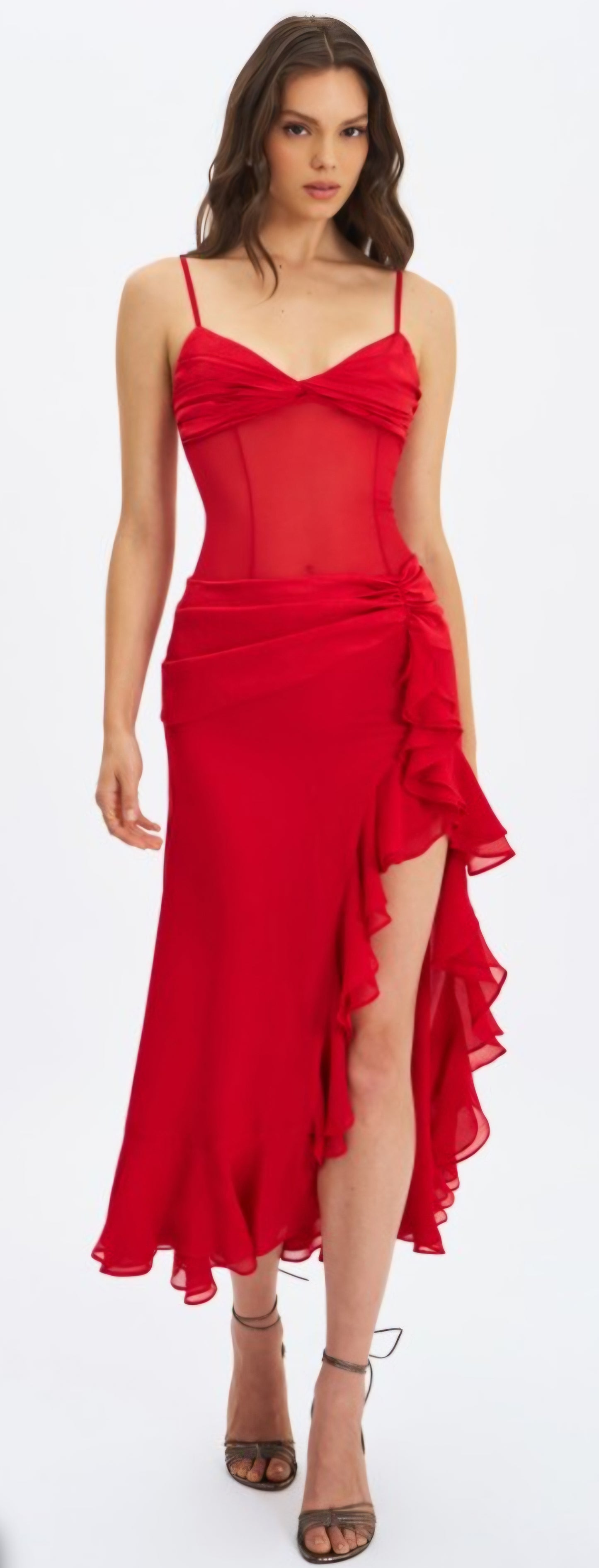 MISS CIRCLE DAHLINA RUCHED WAIST HIGH SLIT MAXI DRESS