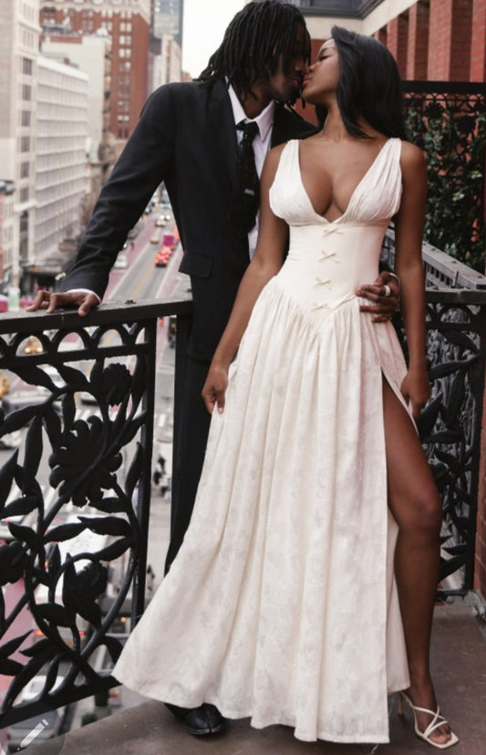 MISS CIRCLE SABRINA JACQUARD HIGH SLIT MAXI DRESS