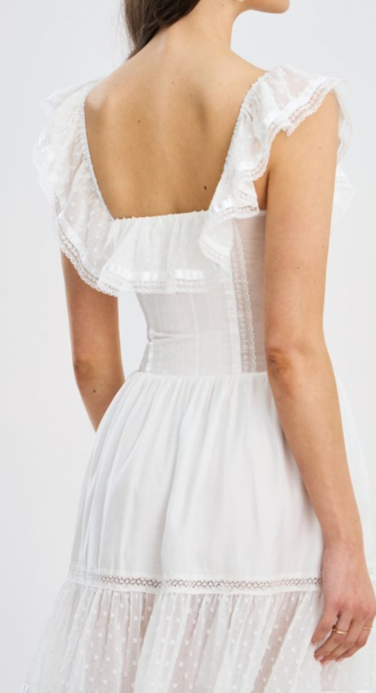 MISS CIRCLE EDEN SQUARE NECK RUFFLE MIDI DRESS