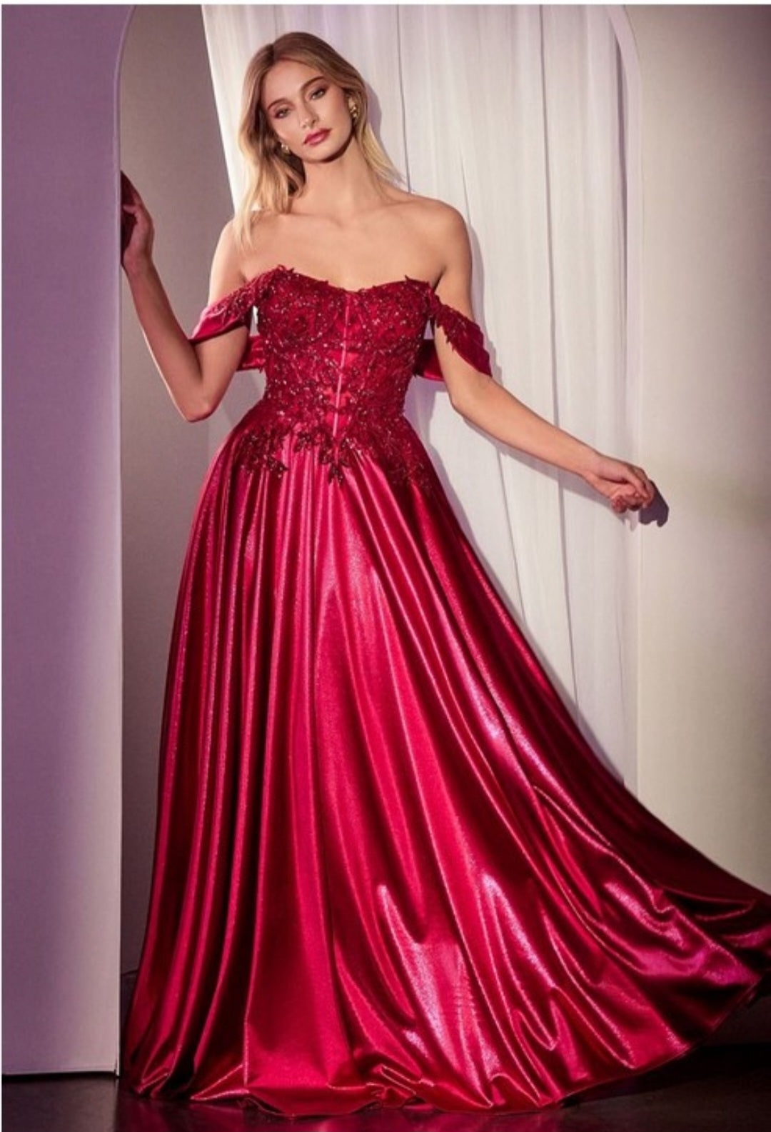 OFF THE SHOULDER LACE AND SATIN A LINE GOWN