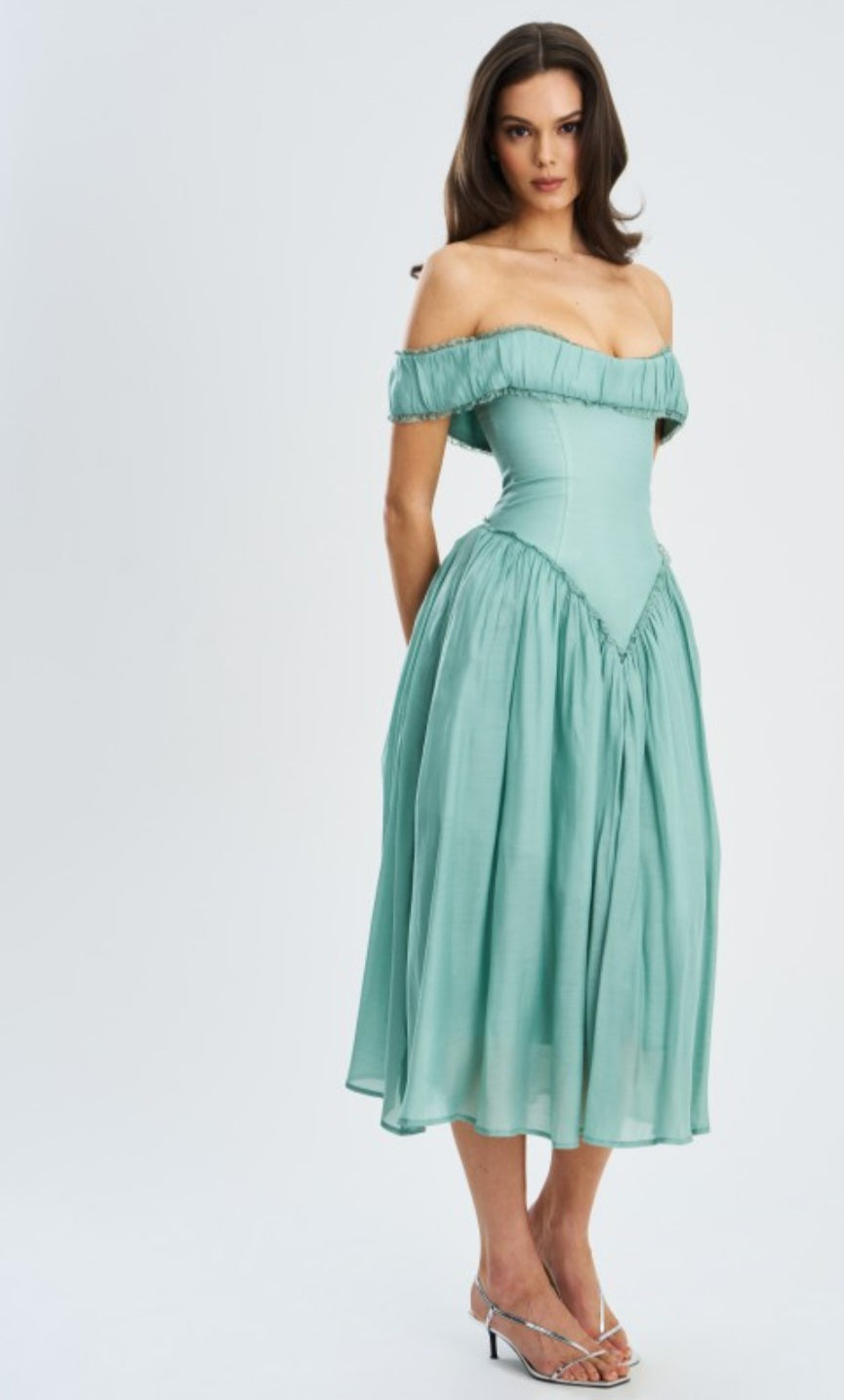 MISS CIRCLE OFF THE SHOULDER CORSET MIDI DRESS