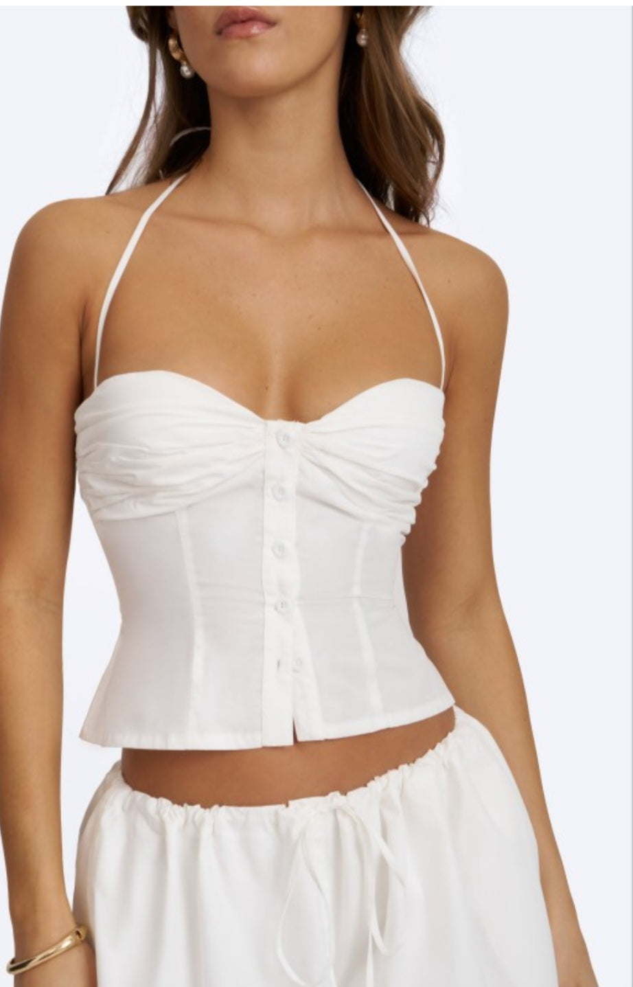 MISS CIRCLE WAVERLY COTTON POPLIN BUTTON FRONT HALTER TOP