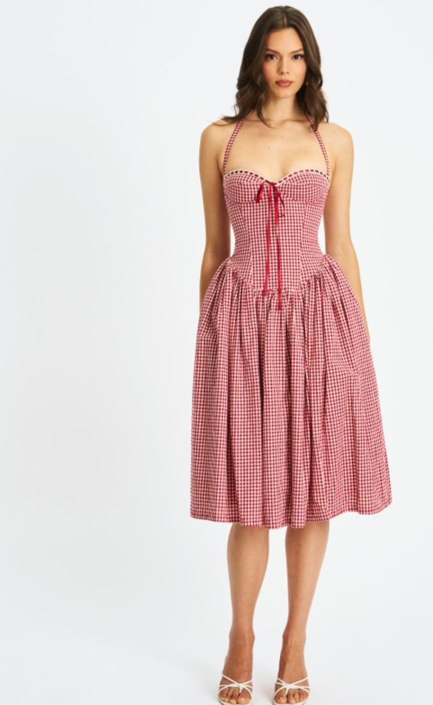 MISS CIRCLE SUSANNA GINGHAM HALTER DROP WAIST MIDI DRESS