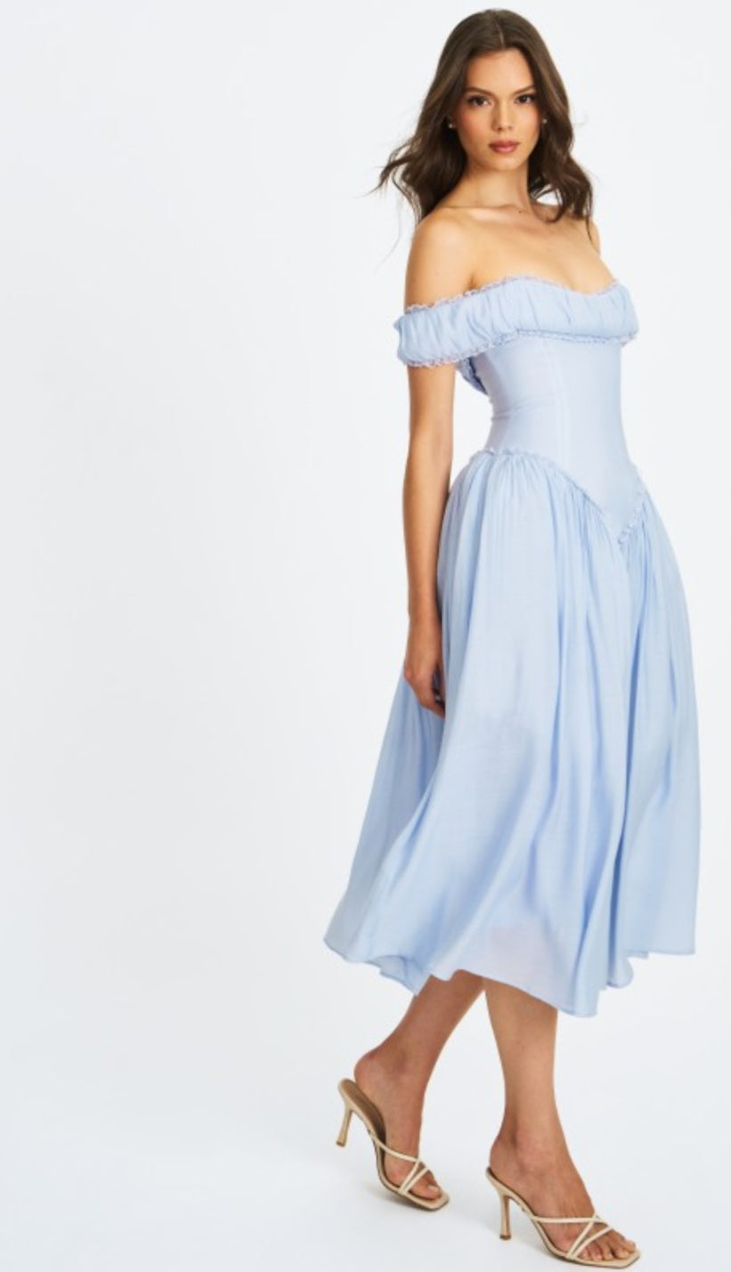 MISS CIRCLE OFF THE SHOULDER CORSET MIDI DRESS