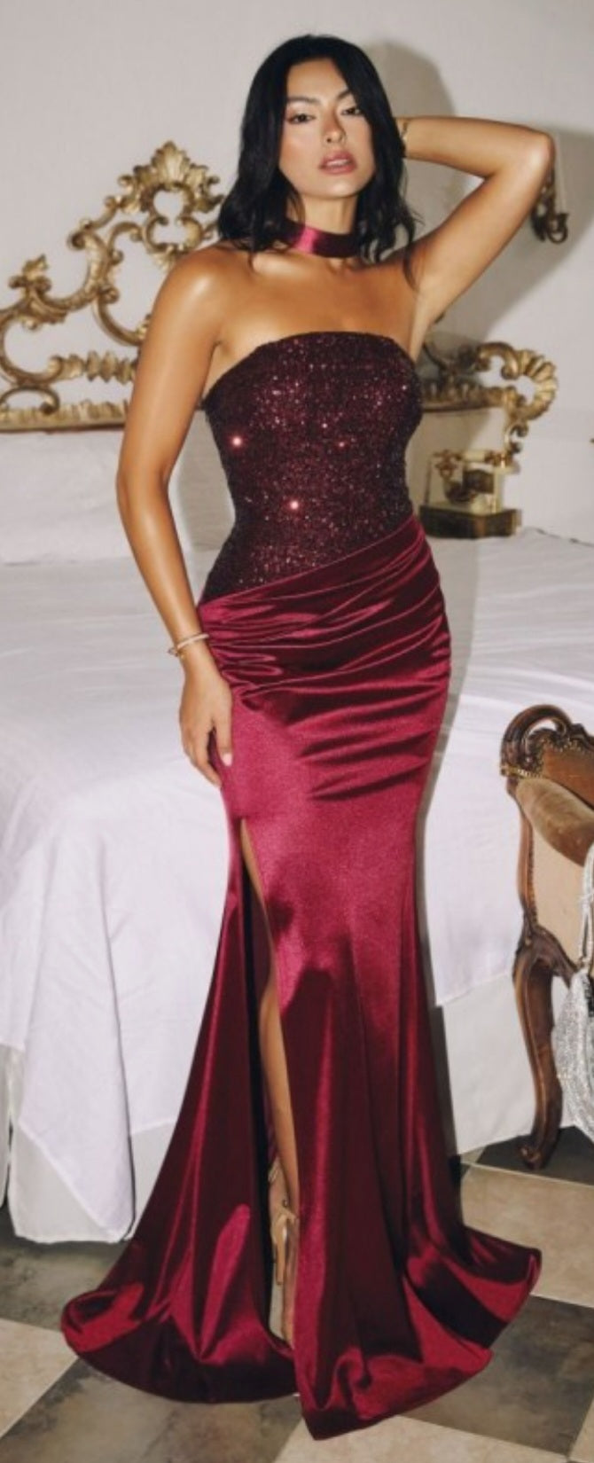 STRAPLESS SEQUIN AND SATIN GOWN