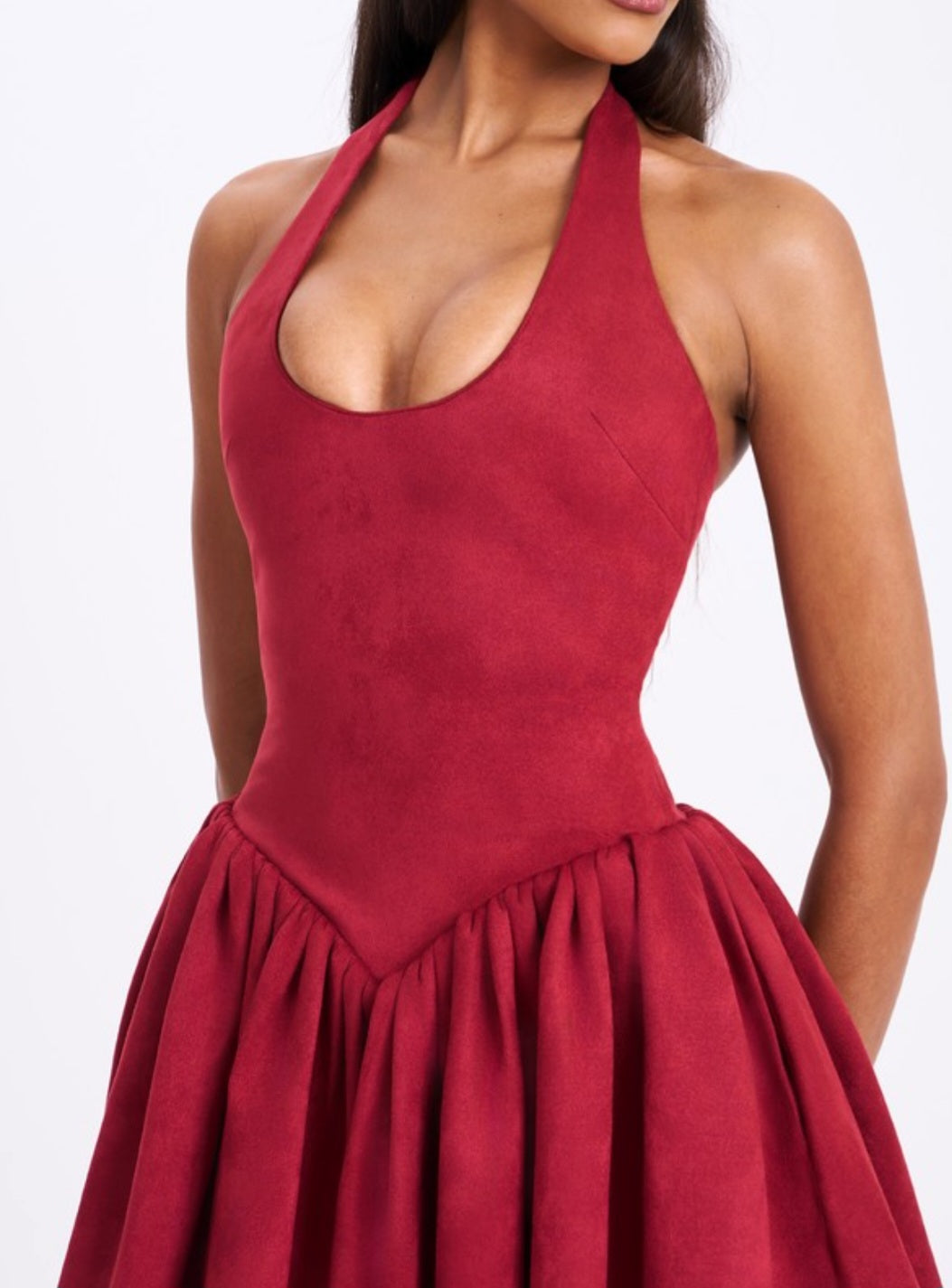 MISS CIRCLE HADARA SUEDE HALTER MINI DRESS