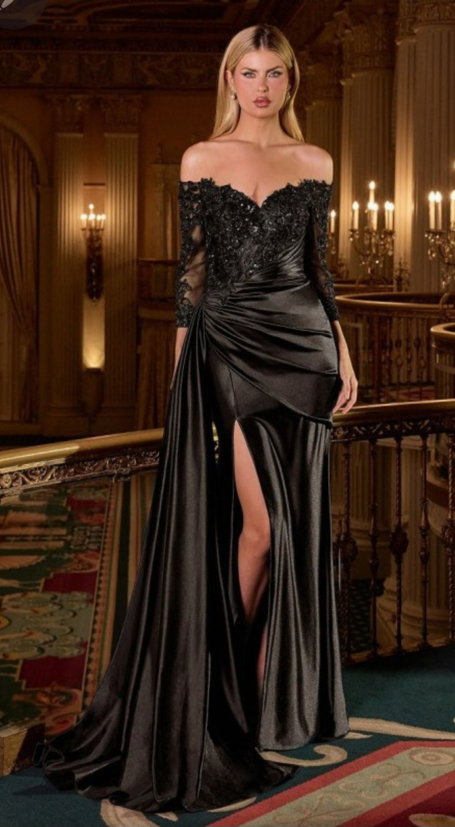 OFF THE SHOULDER LONG SLEEVE LACE AND SATIN GOWN