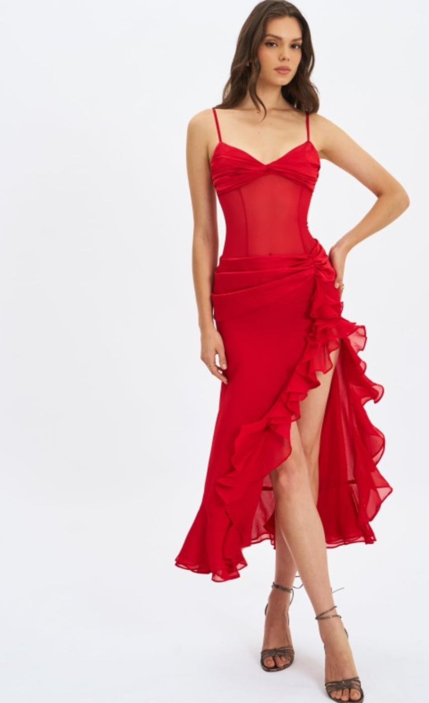 MISS CIRCLE DAHLINA RUCHED WAIST HIGH SLIT MAXI DRESS