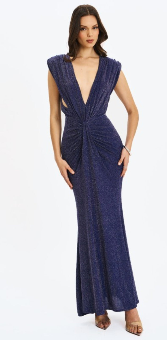 MISS CIRCLE TERI PLUNGING BACKLESS SPARKLE MAXI DRESS