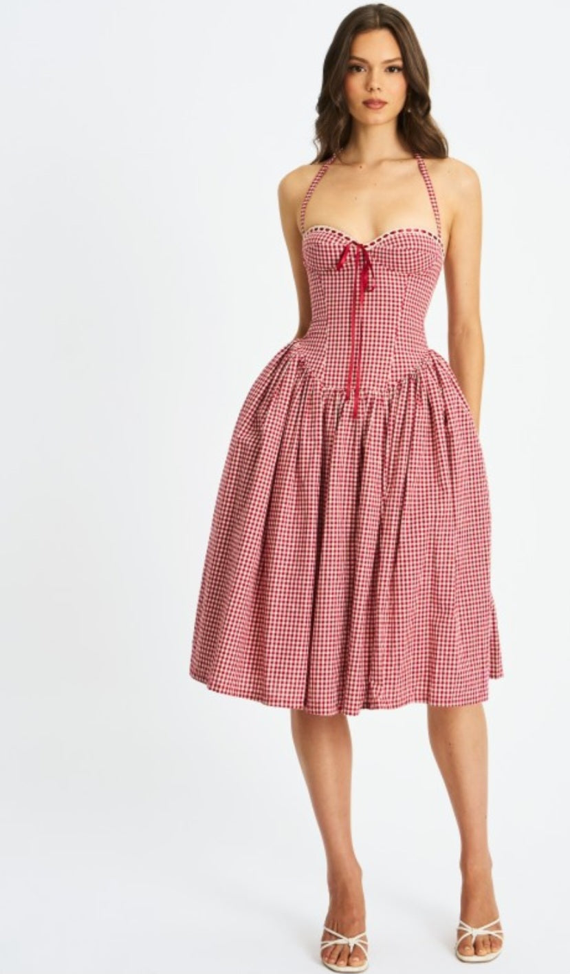 MISS CIRCLE SUSANNA GINGHAM HALTER DROP WAIST MIDI DRESS