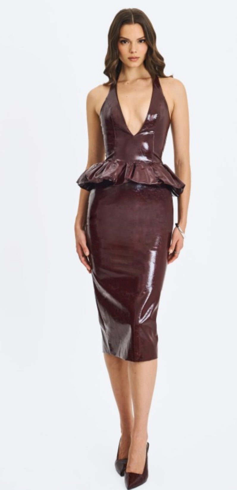 MISS CIRCLE JASLENE PEPLUM PLUNGE HALTER MIDI DRESS