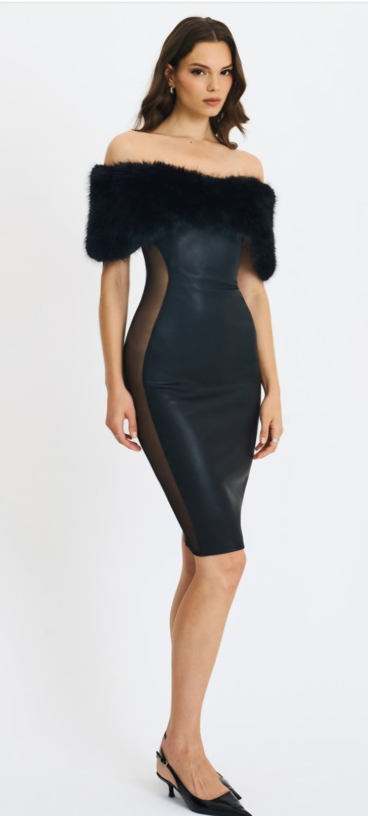 MISS CIRCLE BELLIS FUR TRIMMED MESH OFF THE SHOULDER MIDI DRESS