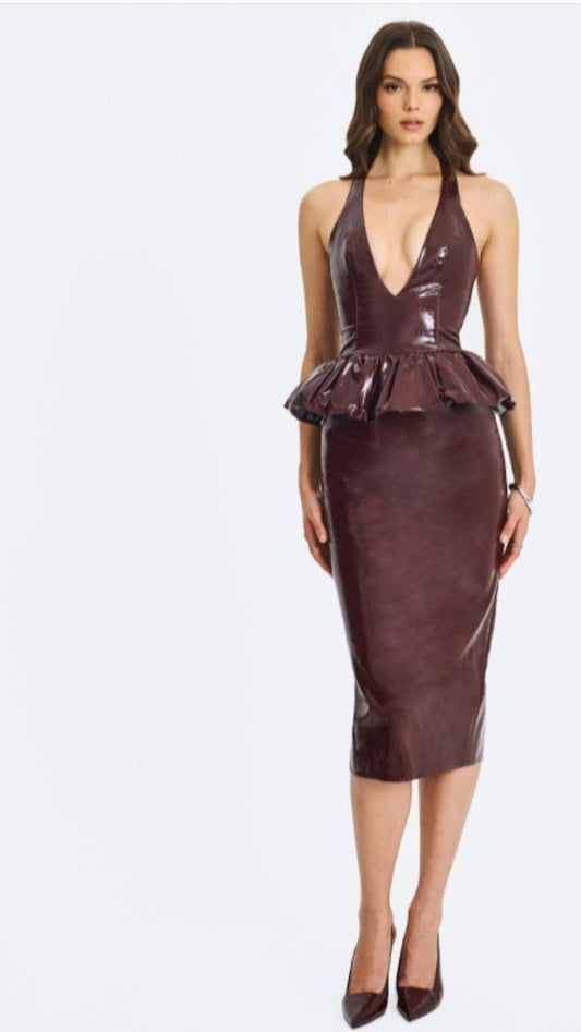 MISS CIRCLE JASLENE PEPLUM PLUNGE HALTER MIDI DRESS