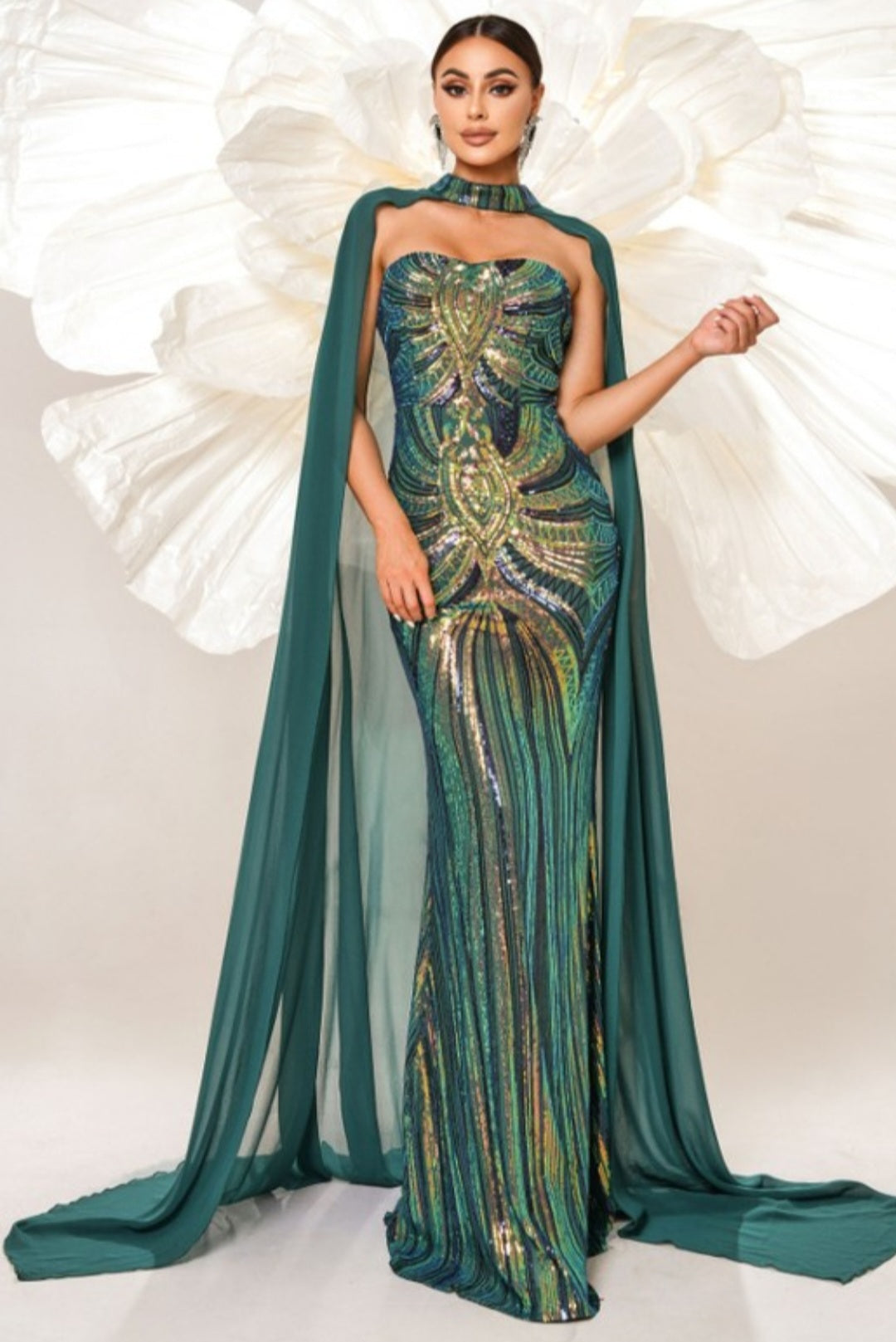 STRAPLESS SEQUIN CAPE MERMAID GOWN