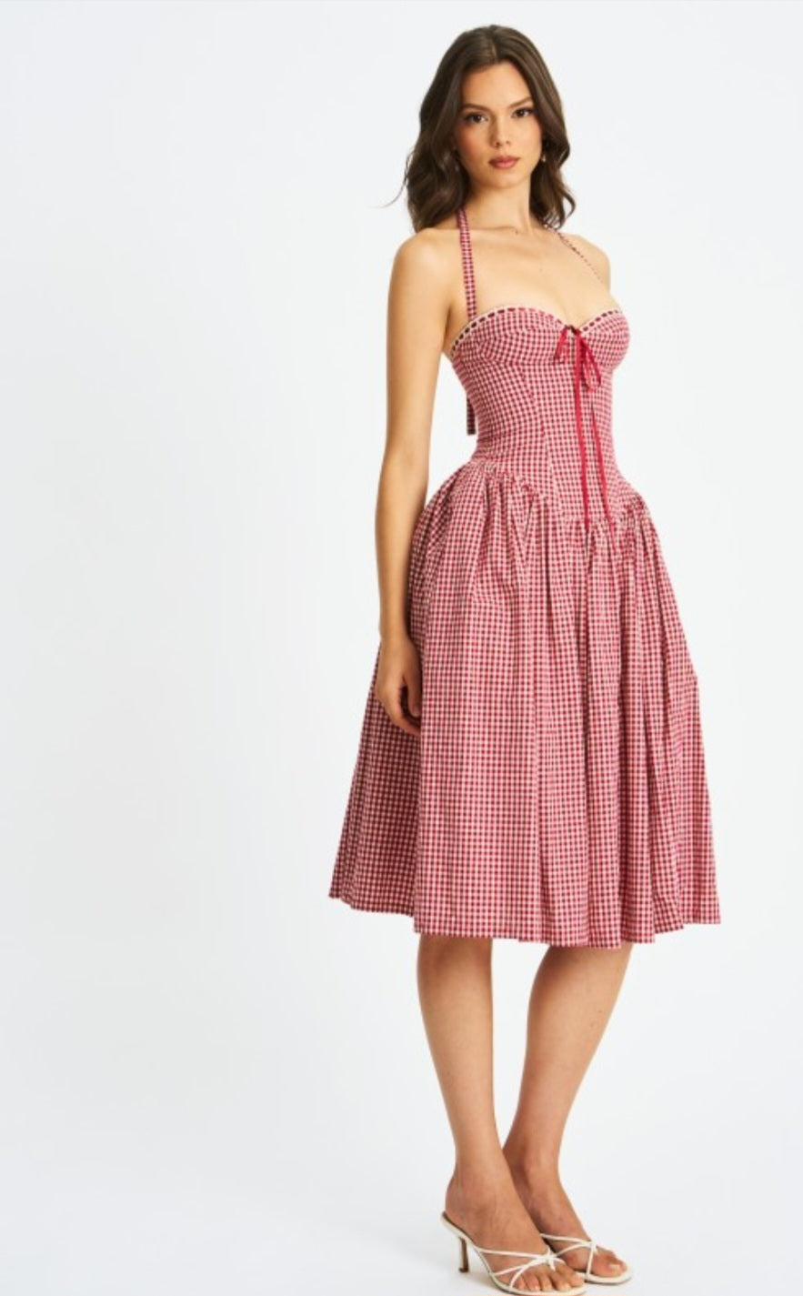 MISS CIRCLE SUSANNA GINGHAM HALTER DROP WAIST MIDI DRESS