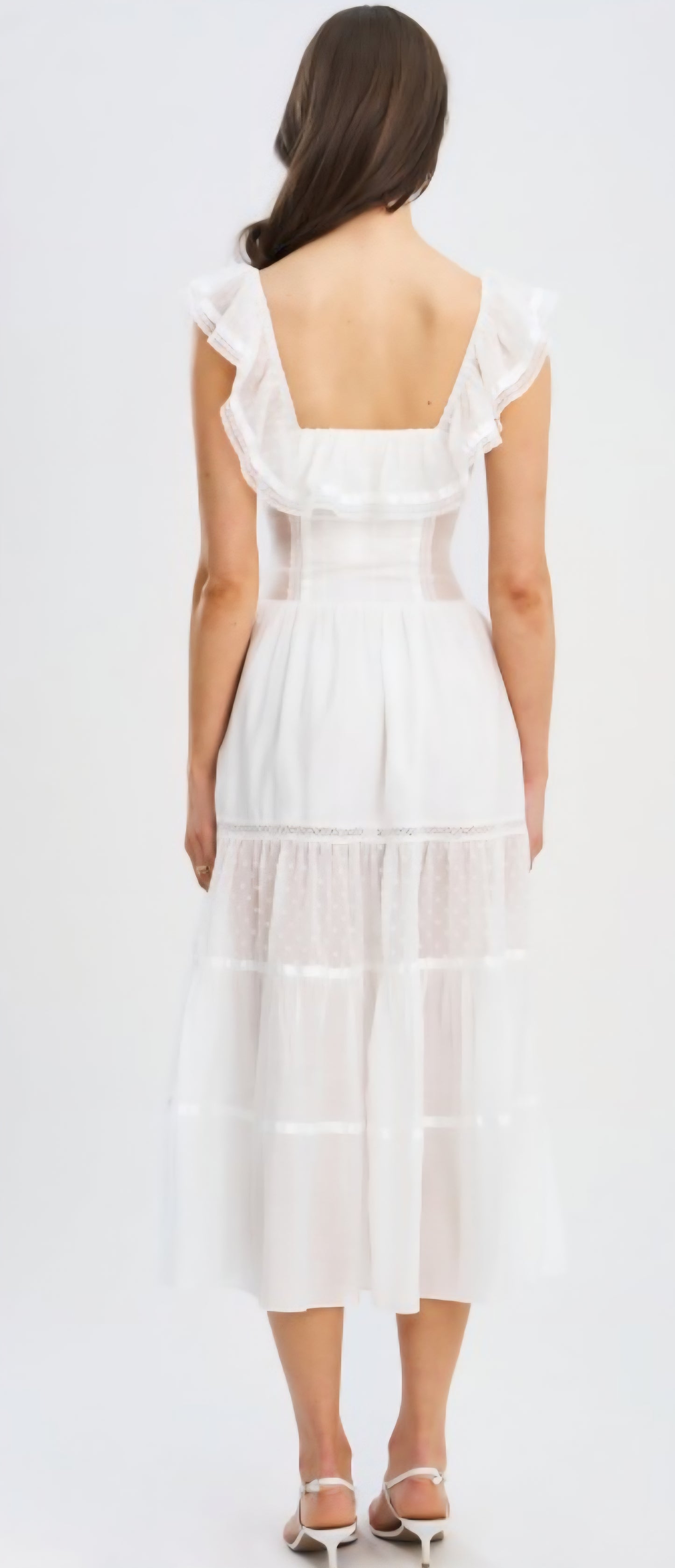 MISS CIRCLE EDEN SQUARE NECK RUFFLE MIDI DRESS