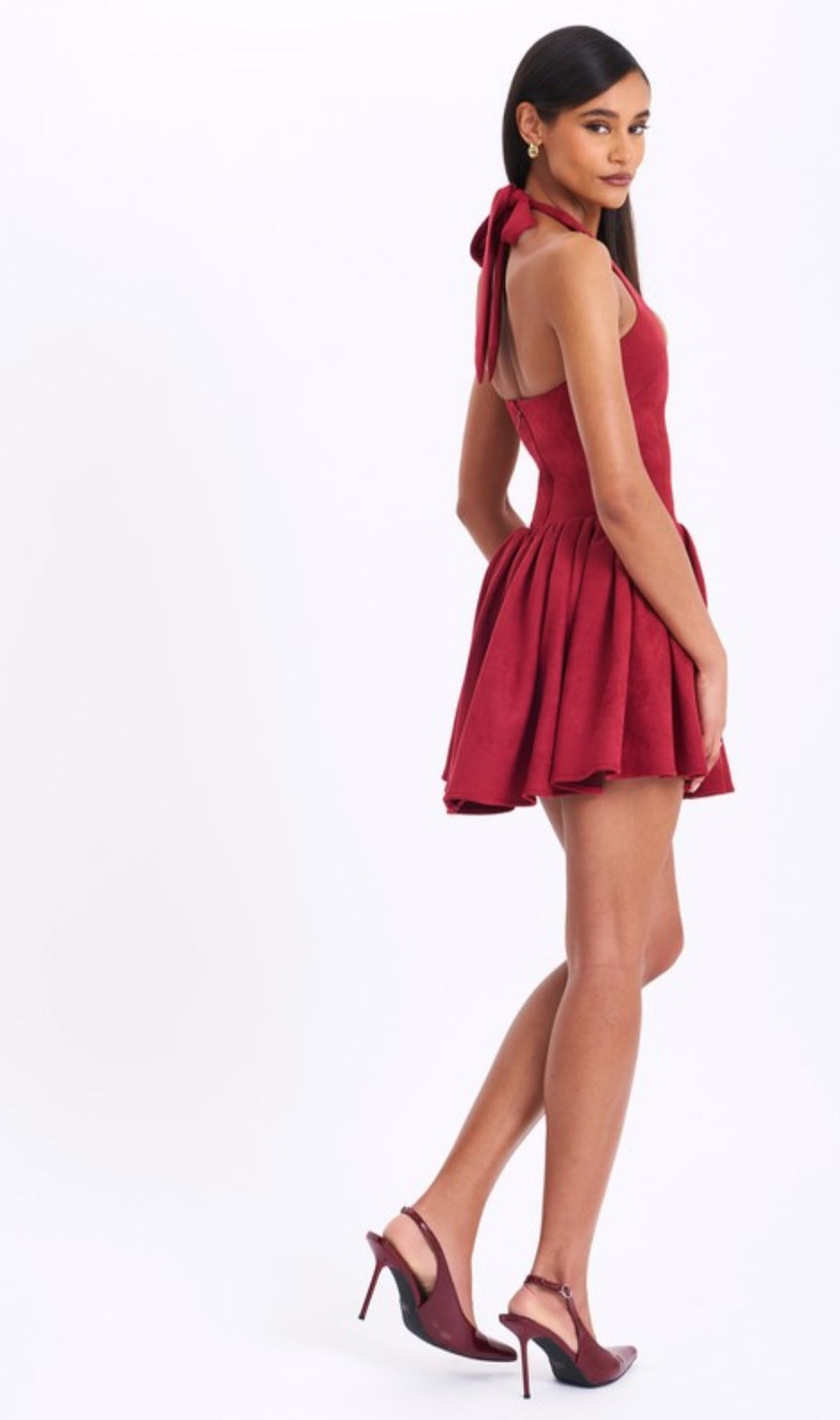 MISS CIRCLE HADARA SUEDE HALTER MINI DRESS