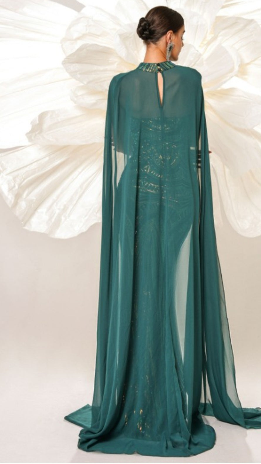 STRAPLESS SEQUIN CAPE MERMAID GOWN