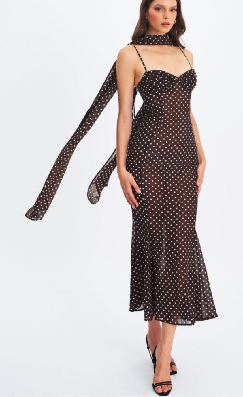 MISS CIRCLE YADIRA POLKA DOT CHIFFON MIDI DRESS