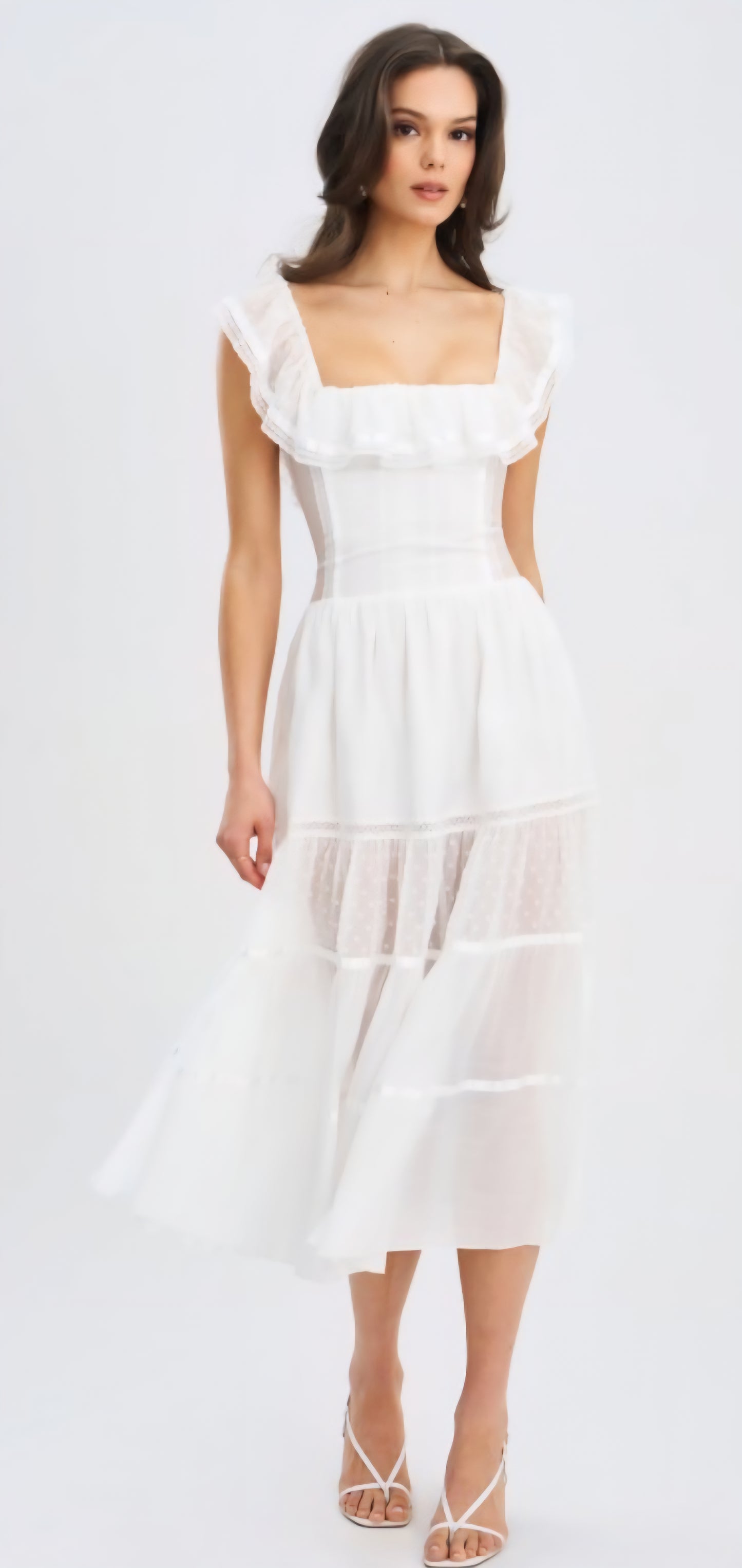 MISS CIRCLE EDEN SQUARE NECK RUFFLE MIDI DRESS