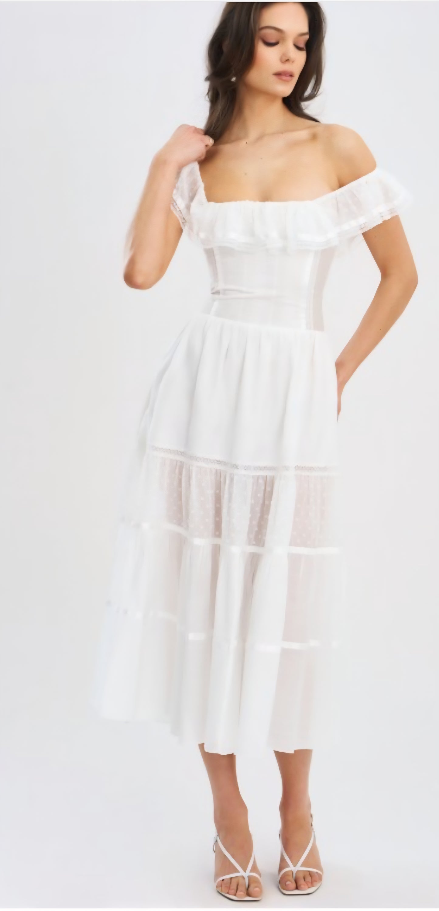 MISS CIRCLE EDEN SQUARE NECK RUFFLE MIDI DRESS