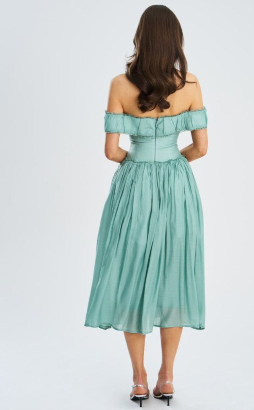 MISS CIRCLE OFF THE SHOULDER CORSET MIDI DRESS