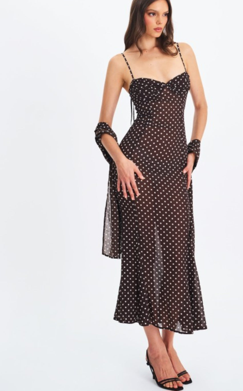 MISS CIRCLE YADIRA POLKA DOT CHIFFON MIDI DRESS