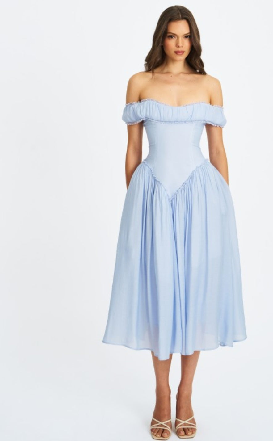 MISS CIRCLE OFF THE SHOULDER CORSET MIDI DRESS