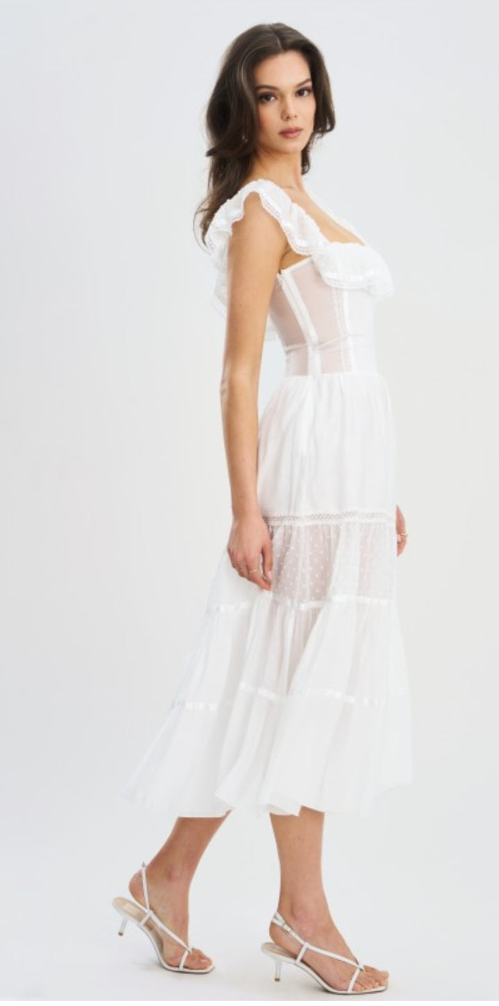 MISS CIRCLE EDEN SQUARE NECK RUFFLE MIDI DRESS