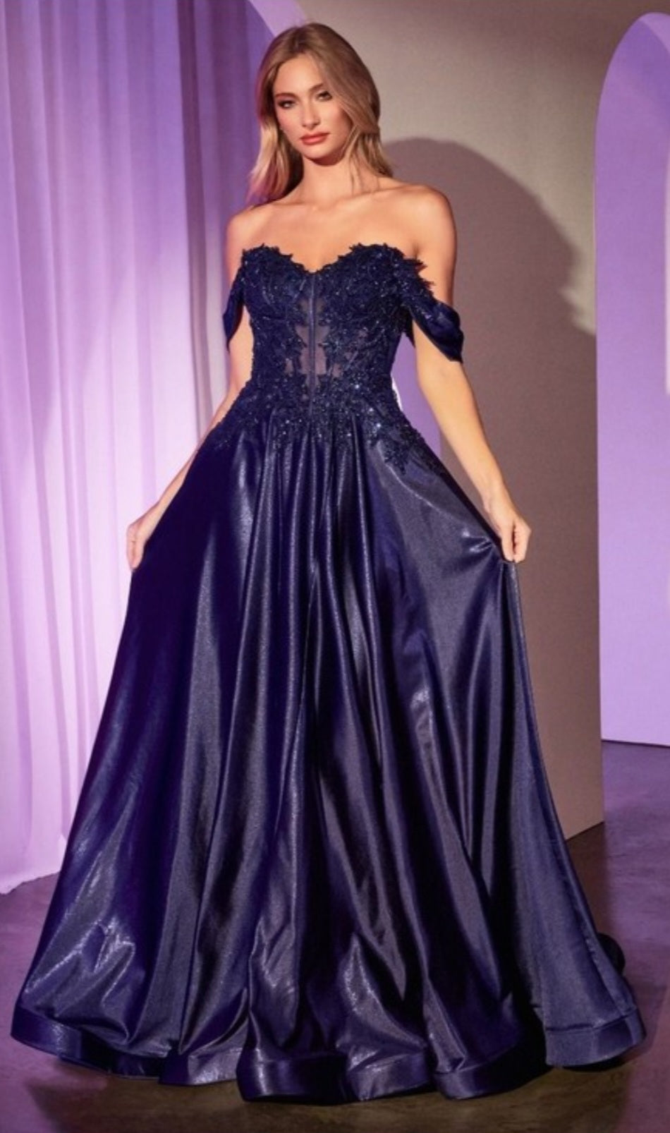 OFF THE SHOULDER LACE AND SATIN A LINE GOWN