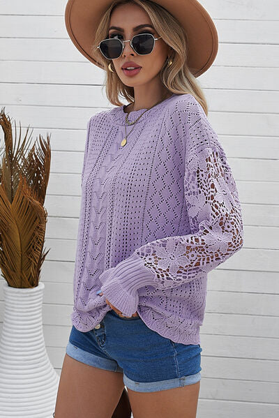 OPENWORK LANTERN SLEEVE DROPPED SHOULDER SWEATER