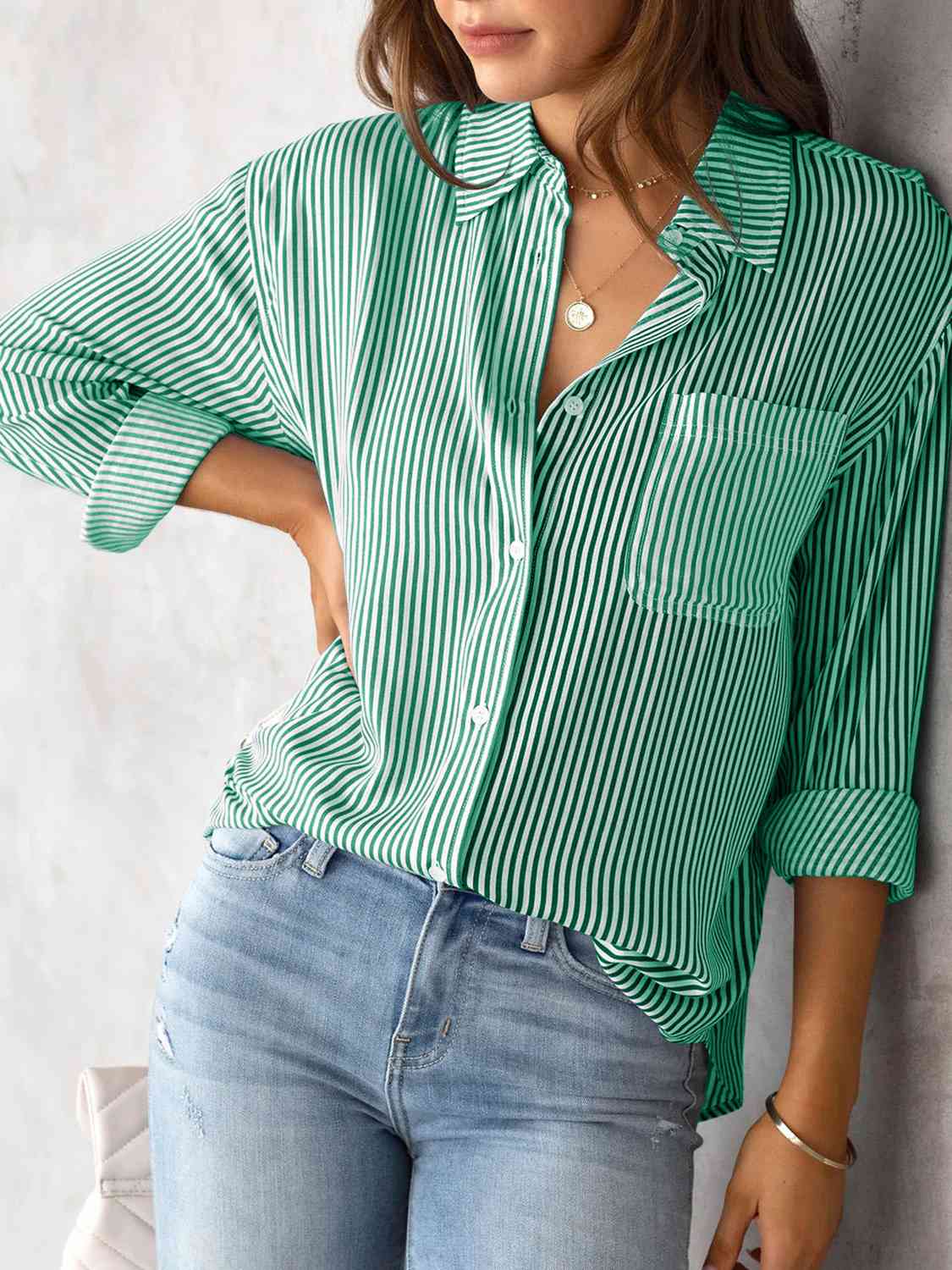 STRIPED COLLARED NECK SHIRT WITH POCKET