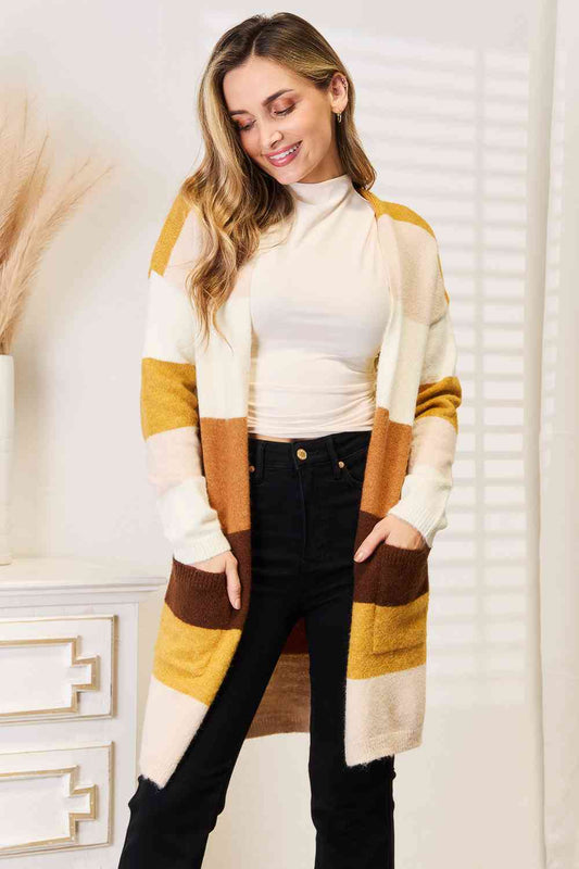 WOVEN RIGHT COLOR BLOCK DROPPED SHOULDER CARDIGAN